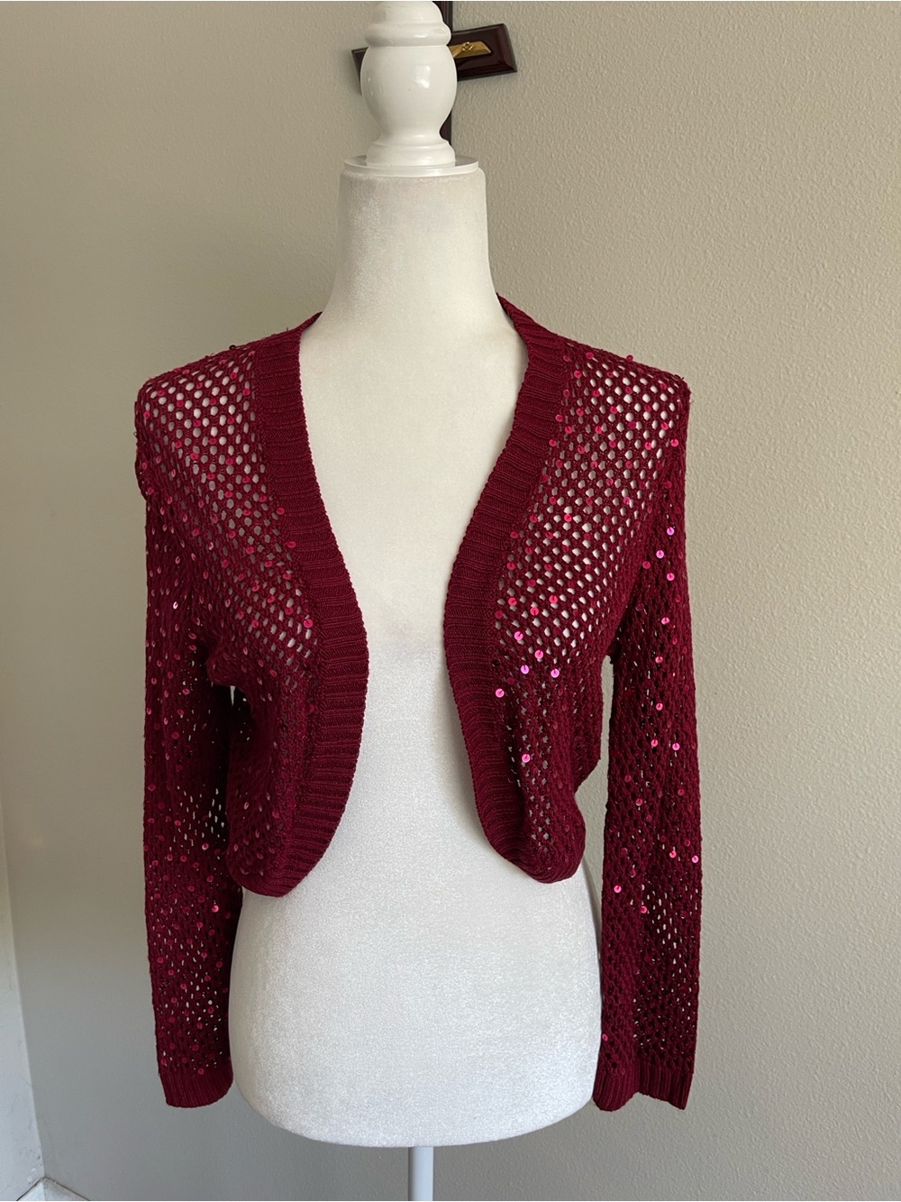 The Limited Burgundy Sequin Open-Weave Cardigan